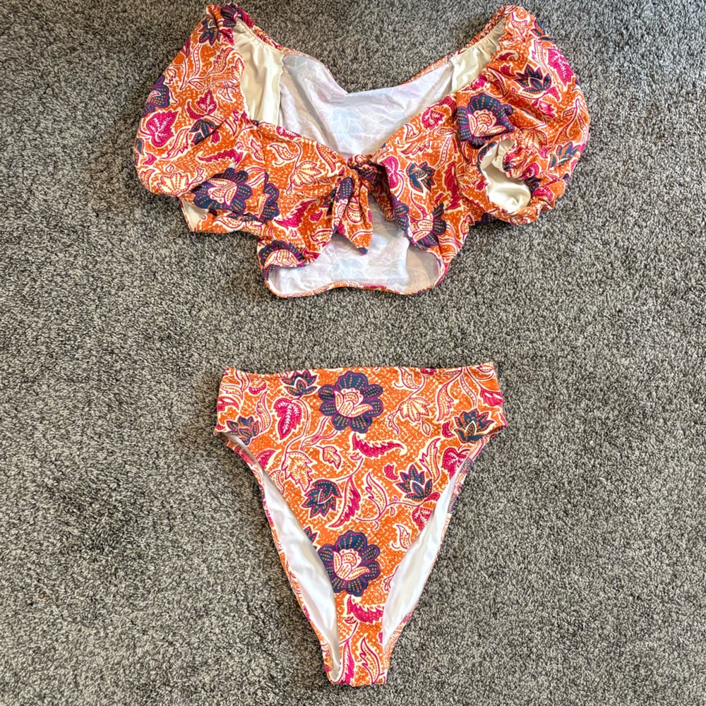 Cleobella Orange Pink Blue Floral Puff Sleeve Bikini Set